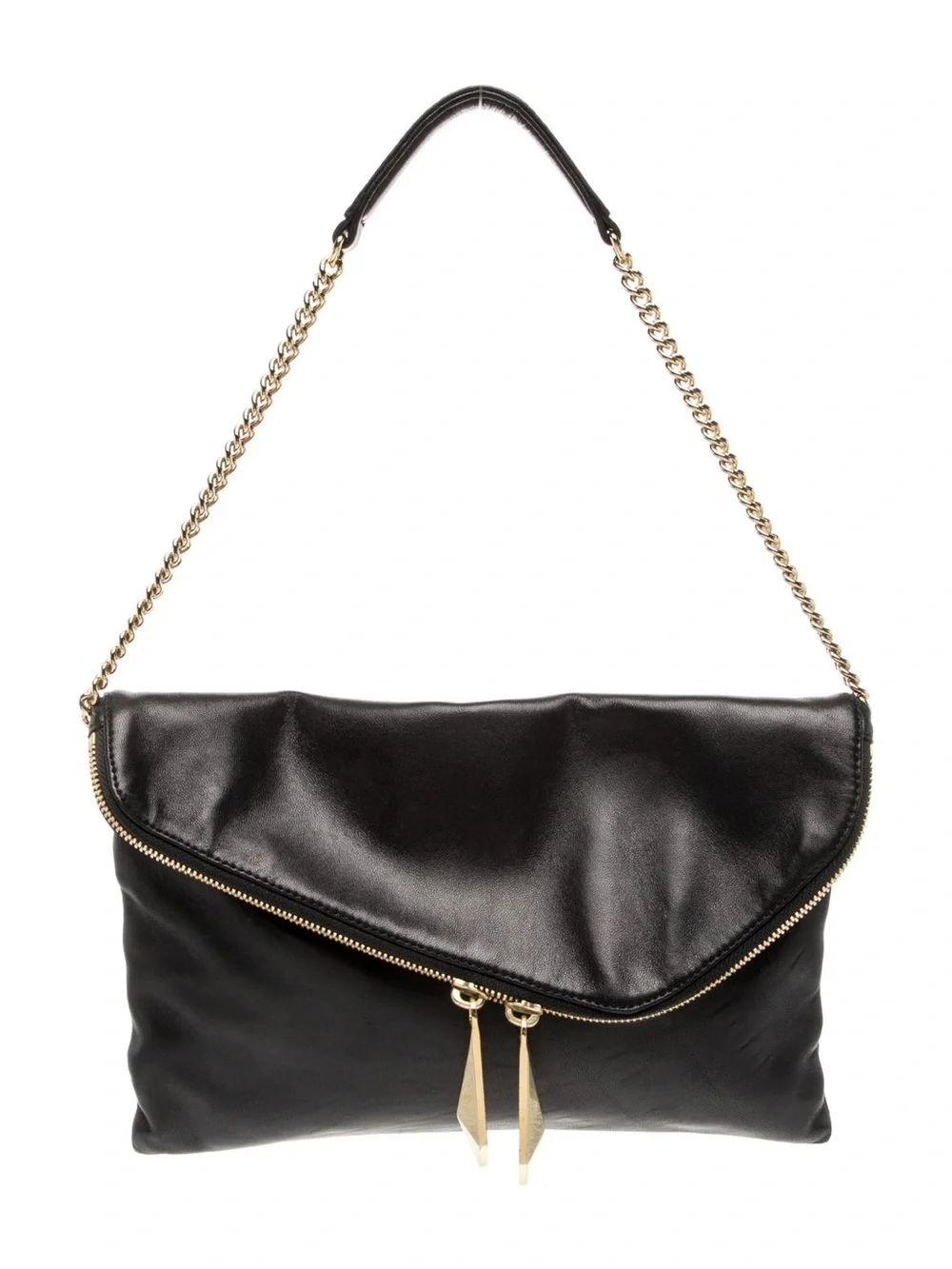 Henri Bendel Black Leather Envelope Shoulder Bag Clutch Gold Chain
